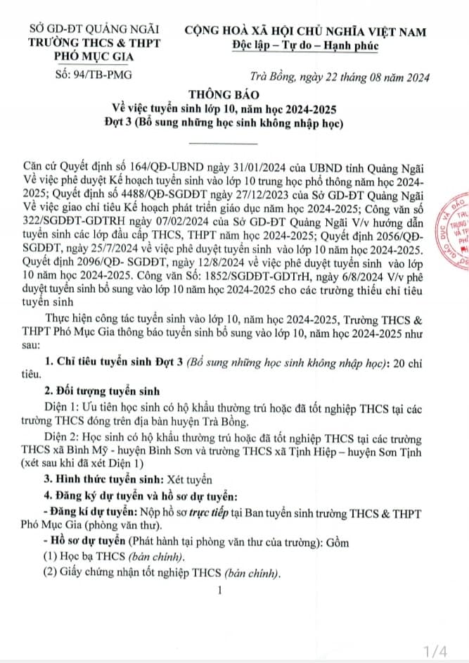 Thông báo tuyển sinh đợt 3 năm học 2024 – 2025